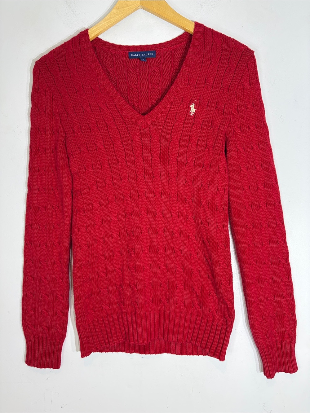 Ralph Lauren Cable Knit V-Neck Sweater Red Cotton Pony Logo Small - Picture 2 of 10